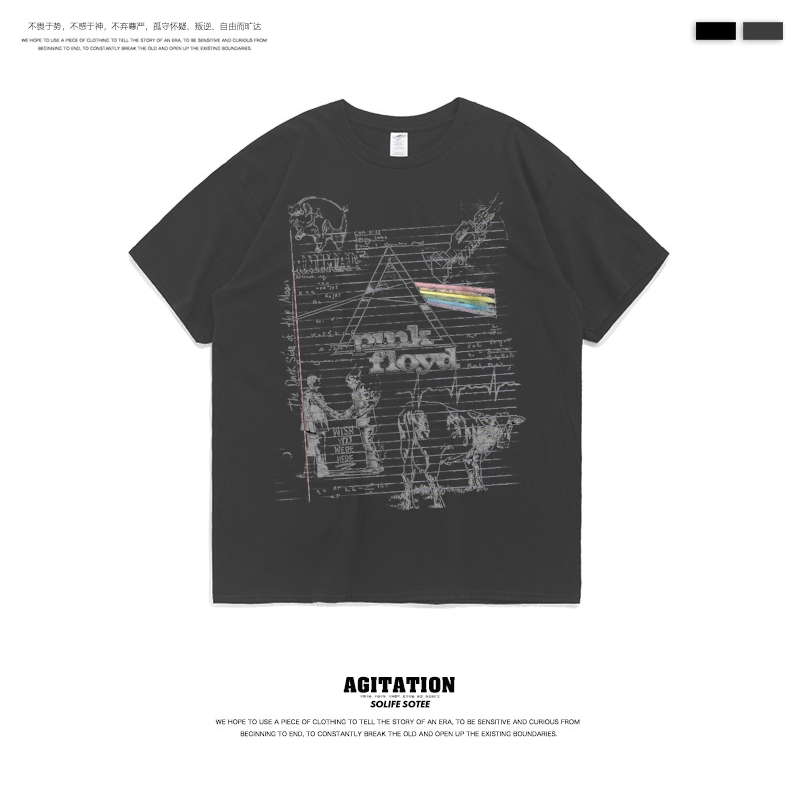 European and American Trendy Brand T-Shirts Short-Sleeved for Men and Women ins Trendy High Street Rock Dark Pink Floyd