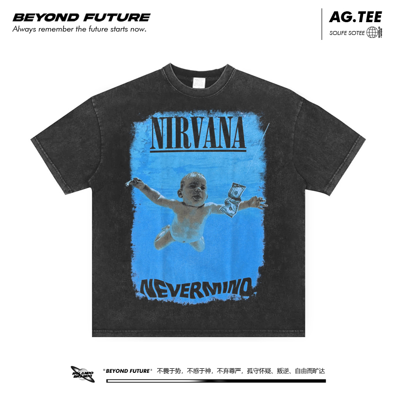 Nirvanan Loose-Fitting American-Style Washed Rock Vintage Heavy-Duty Unisex Short-Sleeve T-Shirt Direct Print Top
