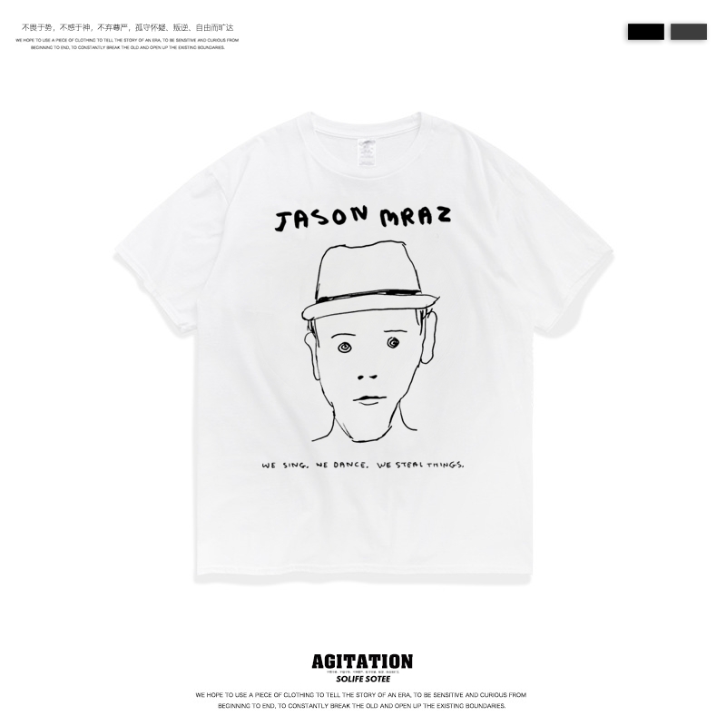 Literary Youth Short Sleeve Cotton Round Neck T-shirt Men Rock Jason Maez Jason Mraz Print Half Sleeve