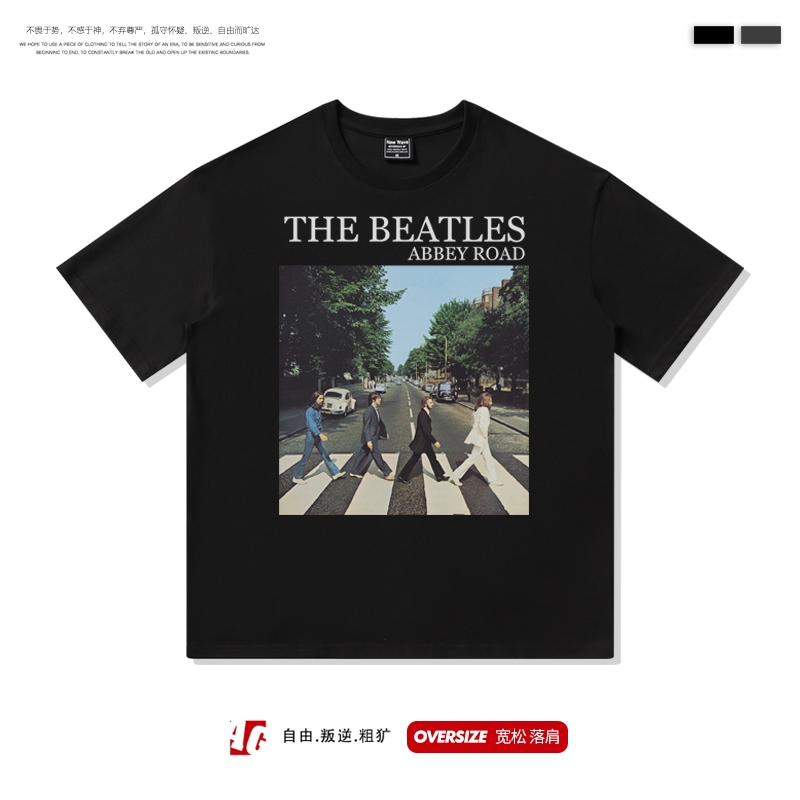 European and American High Street American-Style Heavyweight Short-Sleeved T-Shirt Black Half-Sleeve Rock Oversize the Beatles