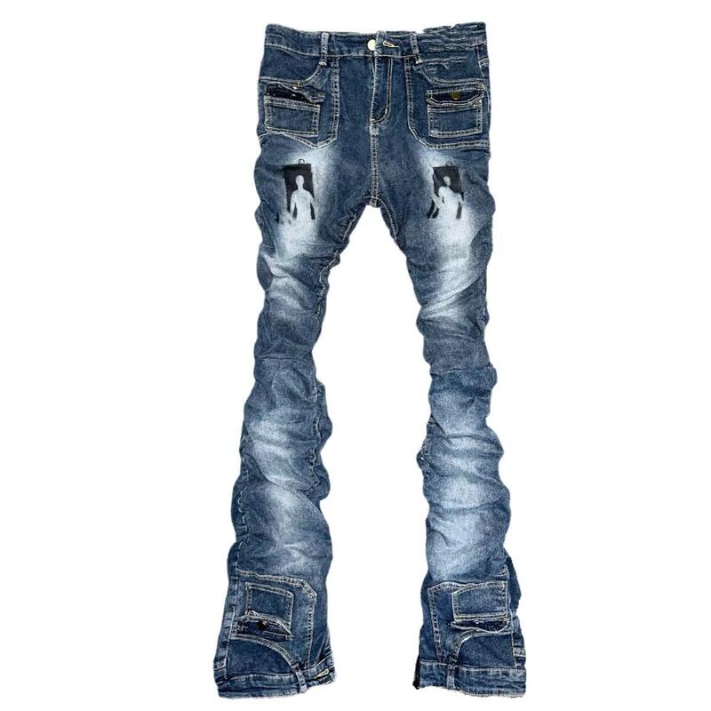 「Mitopub」Vamhrt “0401” Vintage Washed Distressed Spray-Painted Pocket Pleated Printed Jeans