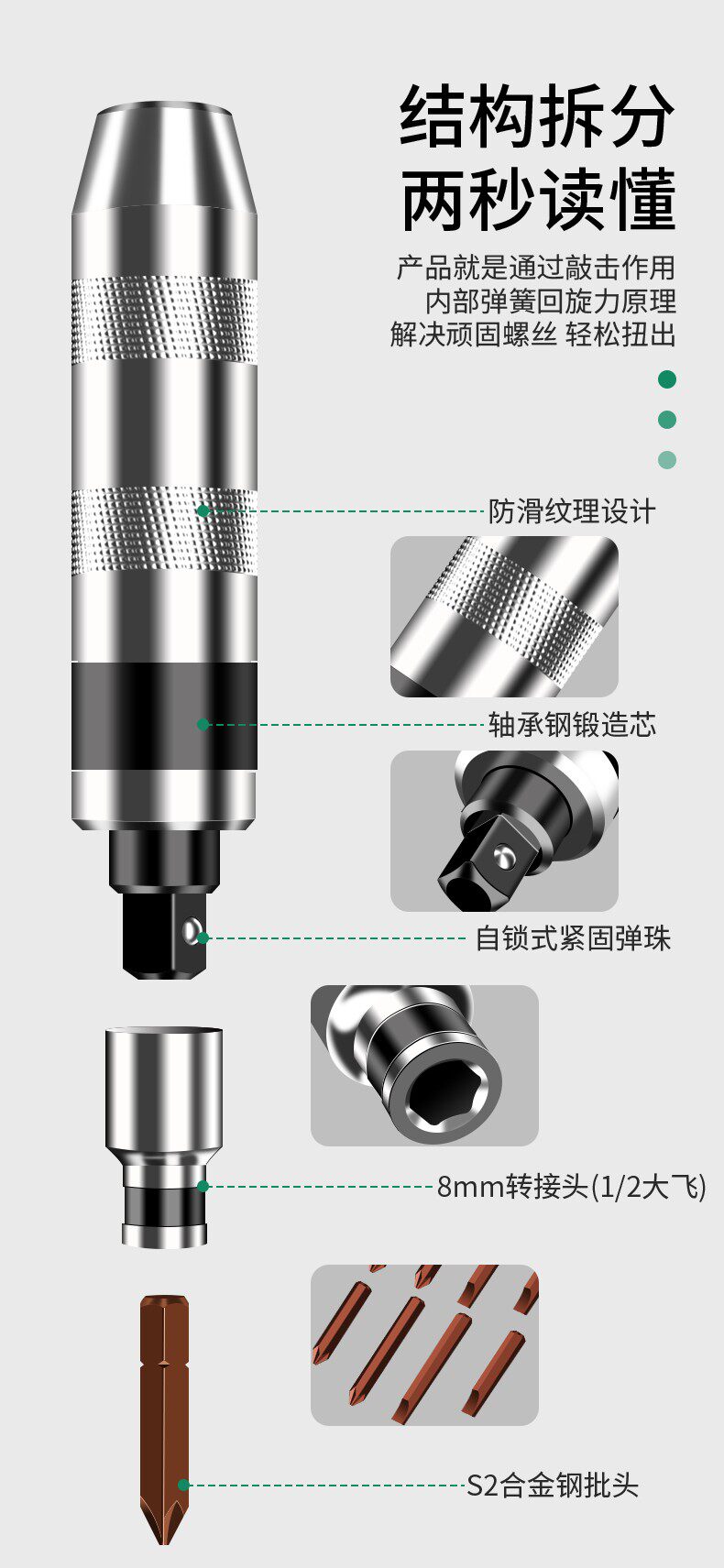 Отвёртка ударная 保联冲击螺丝刀撞批头螺丝取出拆卸器敲击冲子改锥头锤击震动神器