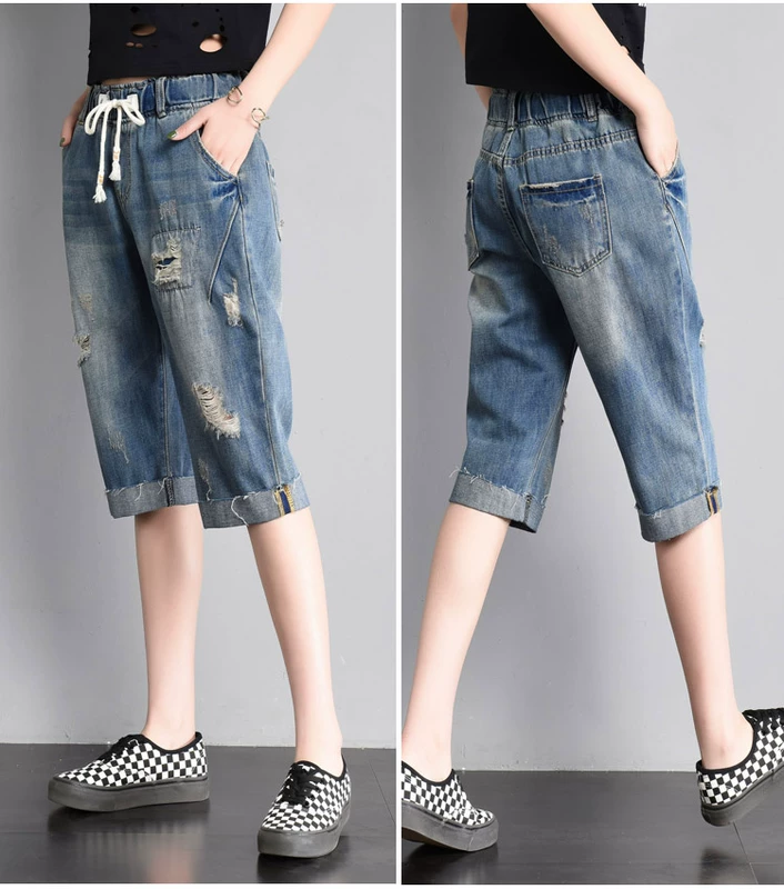 Quần lọt khe eo denim quần short nữ mùa hè mới quần năm điểm nữ thẳng Hồng Kông hương lỏng quần harem sáu điểm - Quần jean