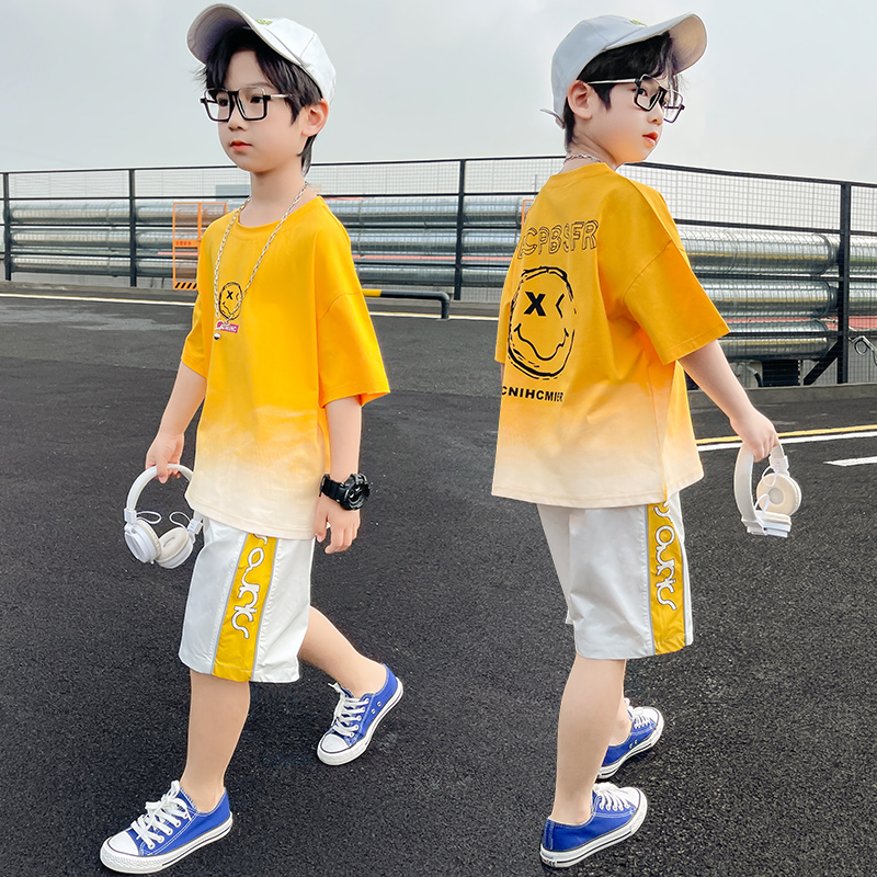 Boys summer suits thin section 2022 cotton sports short-sleeved two-piece suits big boys and little boys are trendy and fashionable