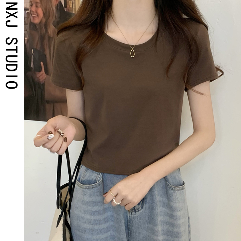 Short-Sleeved T-Shirt for Petite Women, High-Waisted, New Summer Korean Style, Slim-Fit Basic Half-Sleeve Coffee-Colored Top, Short Style