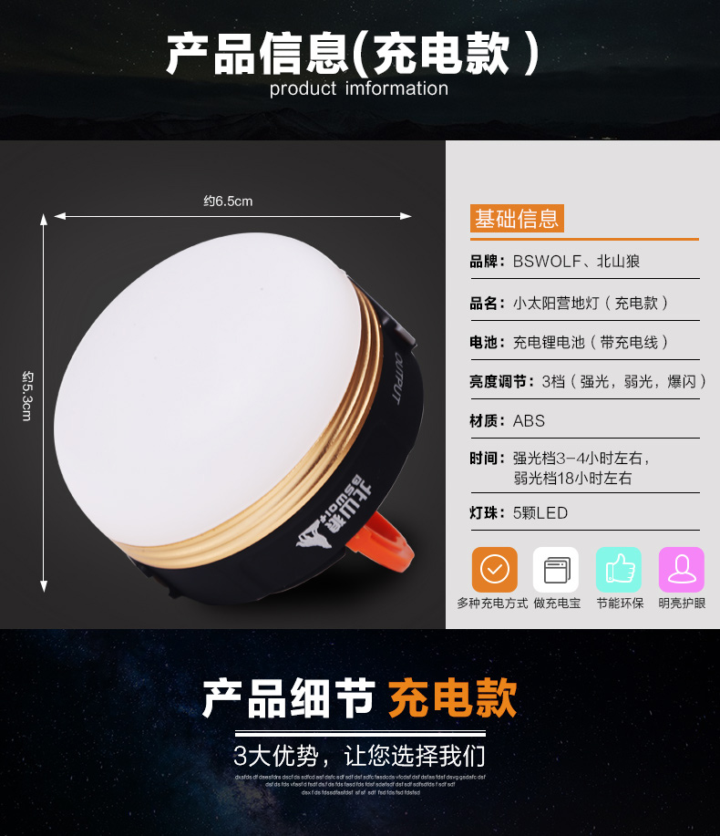 Beishan Wolf LED chiếu sáng ngoài trời đa chức năng cắm trại lều ánh sáng USB trại khẩn cấp chợ đêm có thể sạc lại đèn pin đội đầu điện quang