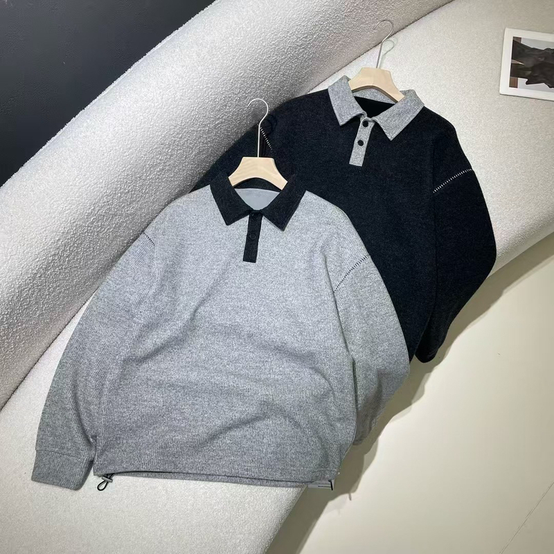 2026 Autumn New Fashion Color-Block Lazy Style Men's Turn-Down Collar Knit Sweater Trendy Versatile Commuting Casual Sweater