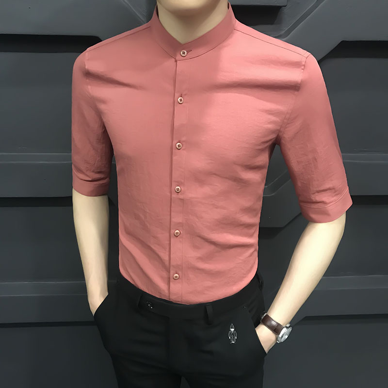 Rich bird summer solid color stand collar five-point sleeve shirt men's Korean version of the trend slim short-sleeved shirt men's ruffian handsome top