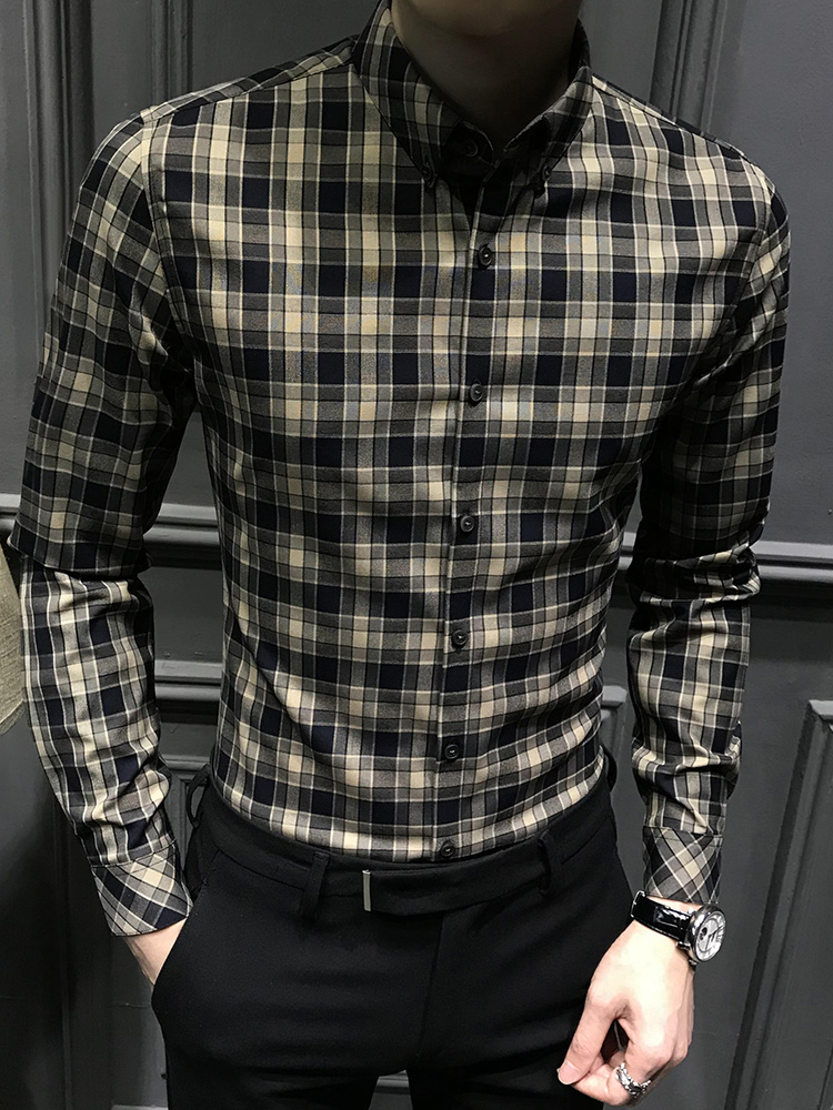 Fugui Bird Summer Long Sleeve Plaid Shirt Male Korean version Trend to be handsome and casual Business hit bottom men's clothes