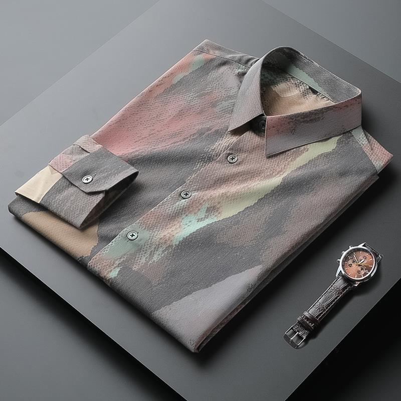 Fugui bird men's clothing summer flowers shirt men's long sleeves Korean version trend to fix handsome personality print youth shirt tide