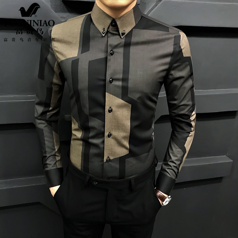Fugui bird long sleeve shirt men's spring and autumn season thin Korean version trend to fix high-end brand casual shirt collage