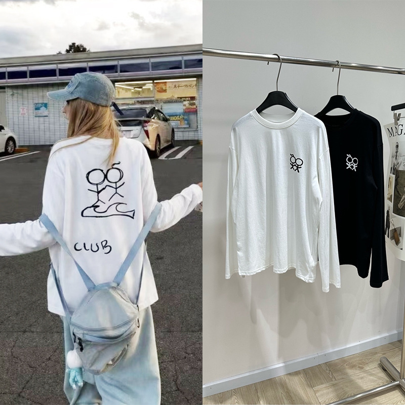 2026 Early Autumn Shenzhen Nanyou Black and White Stick Figure Print Round Neck Long-Sleeved T-Shirt Loose and Lazy Style Women's Top 2026 Early Autumn Shenzhen Nanyou Black and White Stick Figure Print Round Neck Long-Sleeved T-Shirt Loose and Lazy Style Women's Top