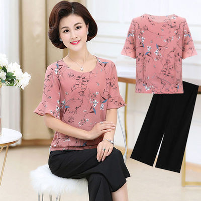 ZZ24时尚夏季新款中老年女装妈妈装短袖套装中年女40岁50T恤上衣