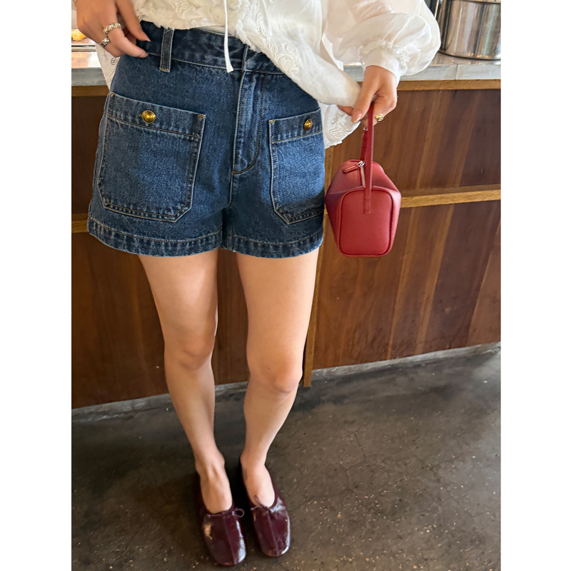 Reliable Keep Kapu One-Button Leg Opening 100% Cotton French High-Waisted Double Pocket Washed Denim Shorts for Women Summer