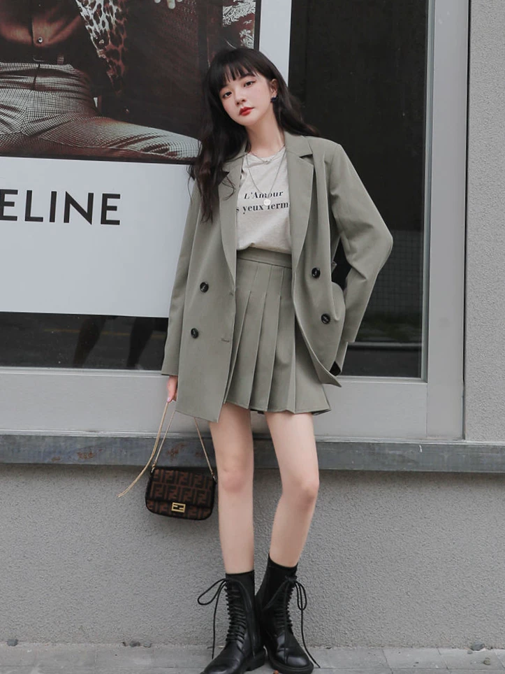 Классический костюм, комплект, пиджак, pleated skirt, корейский стиль