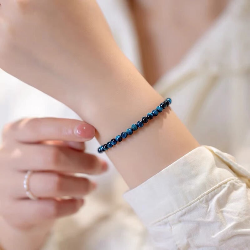 Natural Blue Tiger Eye Stone Bracelet Tiger Eye Stone Bracelet 4mm Round Bead Cat Eye Anklet Necklace Whitening Girl Birthday Gift