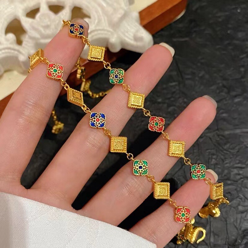New Chinese-Style National Trend Sand-Gold Enamel Four-In-One Wish-Fulfilling Sugar Cube Bracelet, Gift for Girlfriend, Floral Bracelet with Gold Plating