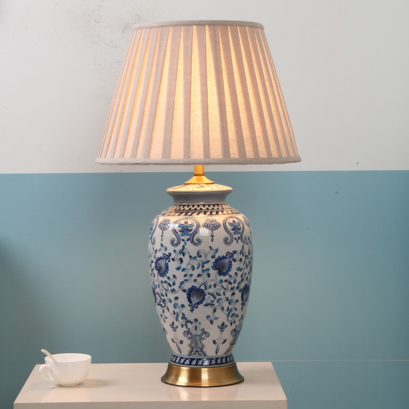 Chinese table lamp Living room large Chinese style new Chinese style bedroom bedside lamp Fabric Jingdezhen copper ceramic table lamp