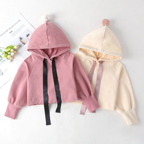 Girl Wei clothing Han version Chaoyang Gas 2022 Spring and autumn clothes new children Baby short-made pure cotton outwear with even hat blouses
