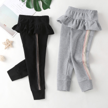 Girl Spring Autumn Clothing Casual Pants Small Childrens Baby Pure Cotton Lotus Leaf Side Skirt Pants Children Foreign Air Outside Wearing Thin Long Pants