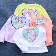 Girl sequin dài tay Ed-shirt rung lên với cùng phim hoạt hình nước ngoài khí T-shirt bé mùa xuân và mùa thu bông đầu mỏng.