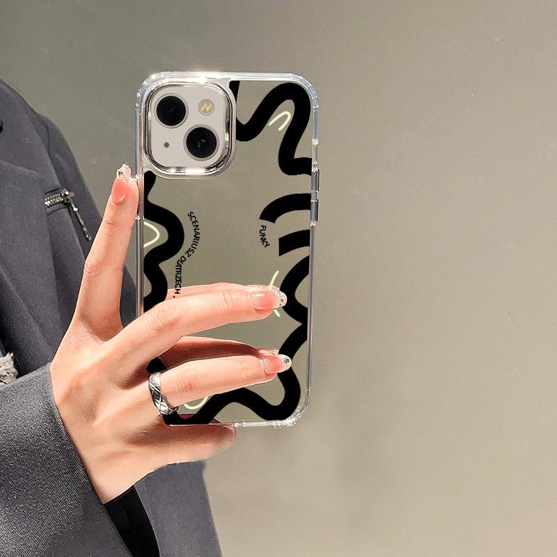 Silicone Mirror Creative Lines Suitable for Apple 16Promax Mobile Phone Case Niche iPhone 15 Pro Makeup Mirror Apple 16/15/14/13/12/11 High-End Xr/X/8/7 Protective Cover