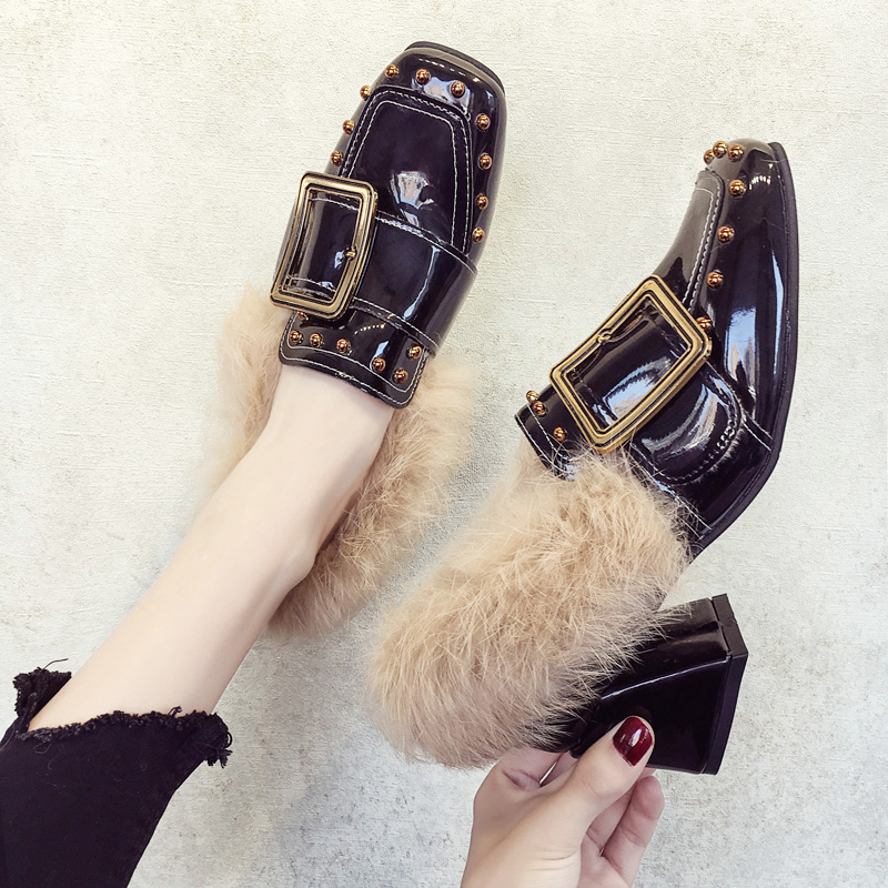 Gross Fur Shoes Woman Winter Outwear 2022 Autumn New Lady Square Head Plus Suede Bean Shoes Coarse Heel High Heel Shoes Women's Shoes Leather Shoes