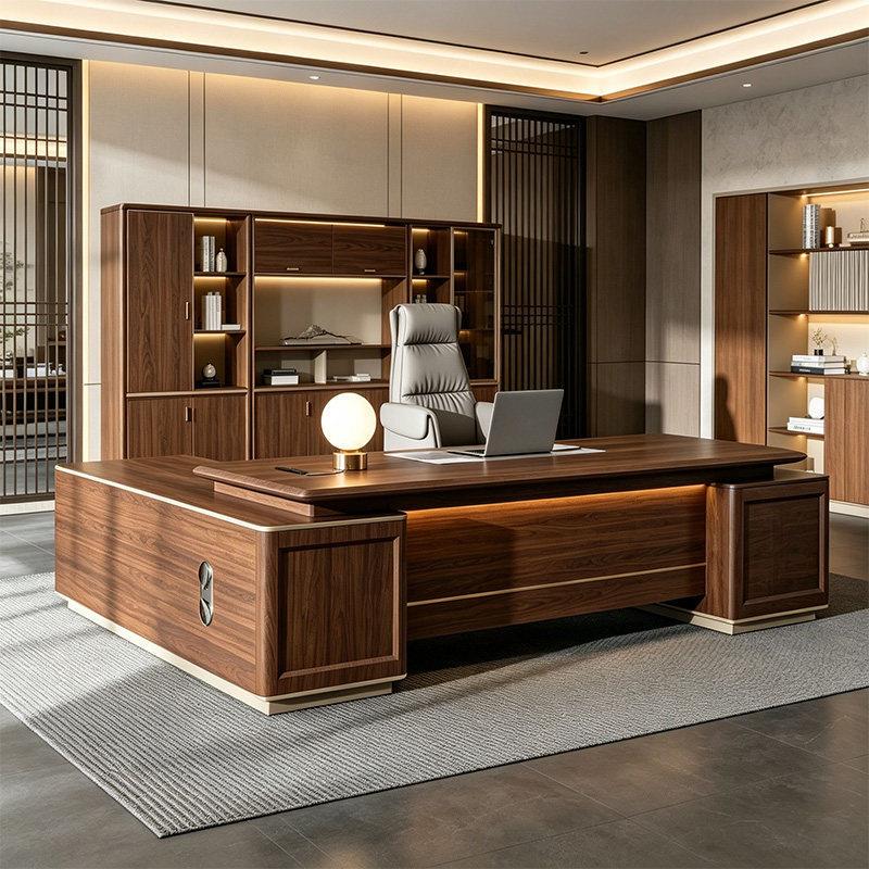 New Chinese-Style Solid Wood Executive Desk, Walnut L-Shaped Boss Desk, Light Luxury and Simple Executive Office Desk and Chair High-End Set