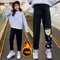 Girls plus velvet jeans autumn and winter wear Foreign-aged childrens pants winter childrens one-piece velvet padded pants