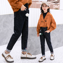 Girls plus velvet pants winter 2021 new foreign style in the big Children Fashion Spring and Autumn childrens one-piece jeans