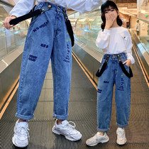 Girls jeans Spring and Autumn wear 2021 new foreign atmosphere in the big children Korean trousers loose autumn childrens pants