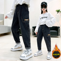 Girls plus velvet pants autumn and winter 2021 new childrens outfit foreign style one velvet pants winter thick jeans