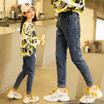 Girls plus velvet pants winter 2021 new foreign style in the big Children Fashion Spring and Autumn childrens one-piece jeans