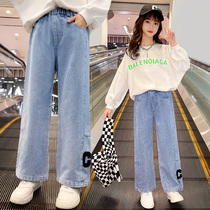 Girl Pants Spring Fall Outside Wearing 2022 New CUHK Scout Jeans Loose Spring Children Straight Barrel Broadlegged Pants