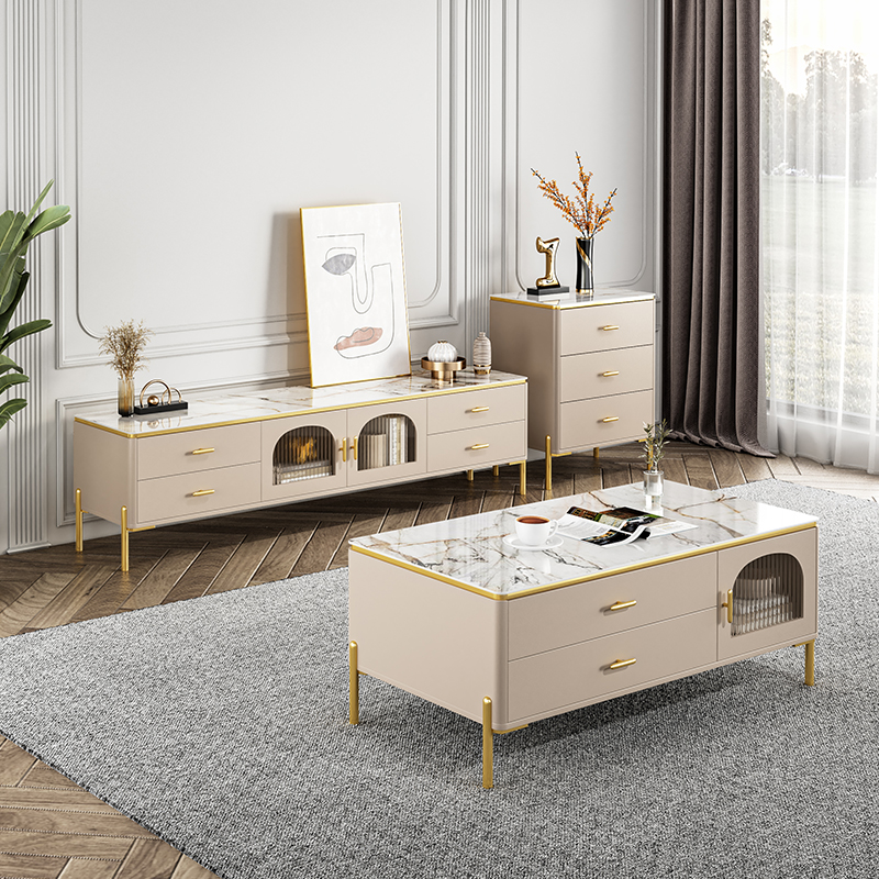 Light extravagant rock plate tea table TV cabinet Composition small family type living room modern minimalist around 2022 new French style TV cabinet