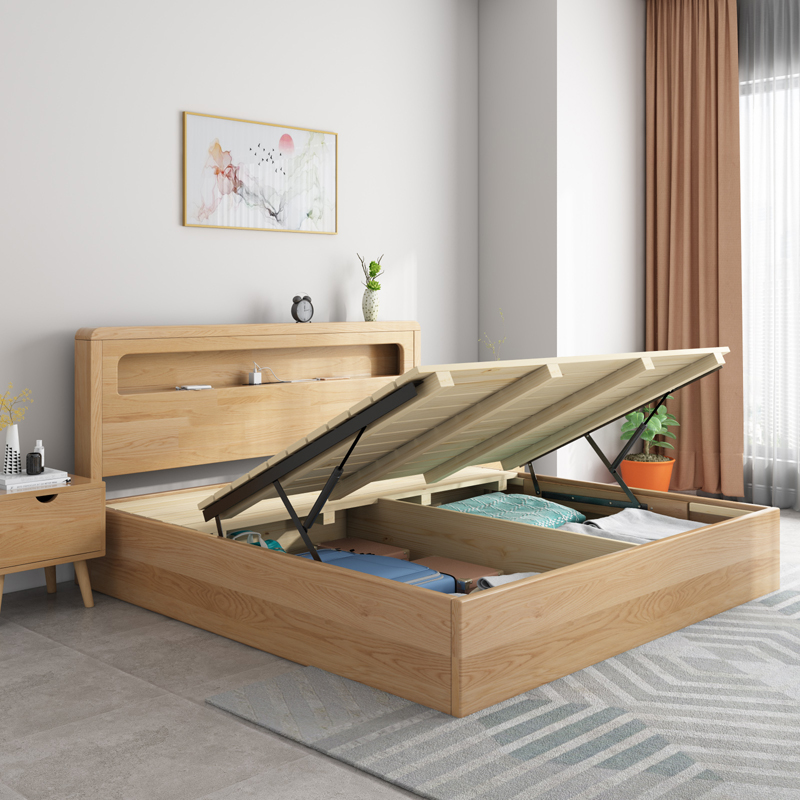 Nordic solid wood bed modern minimalist master bedroom high box storage bed 1 5 m 1 8m double bed small apartment furniture