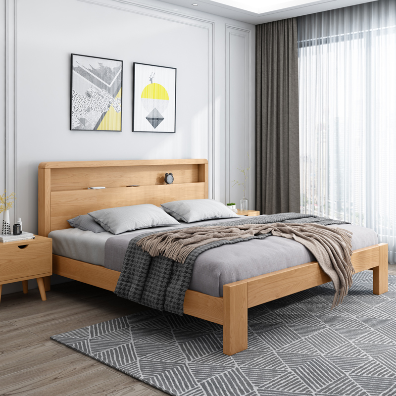 Solid wood bed modern minimalist approximately double bed 1 8 m Nordic large bed 1 5 m bed frame master bedroom with a single bed
