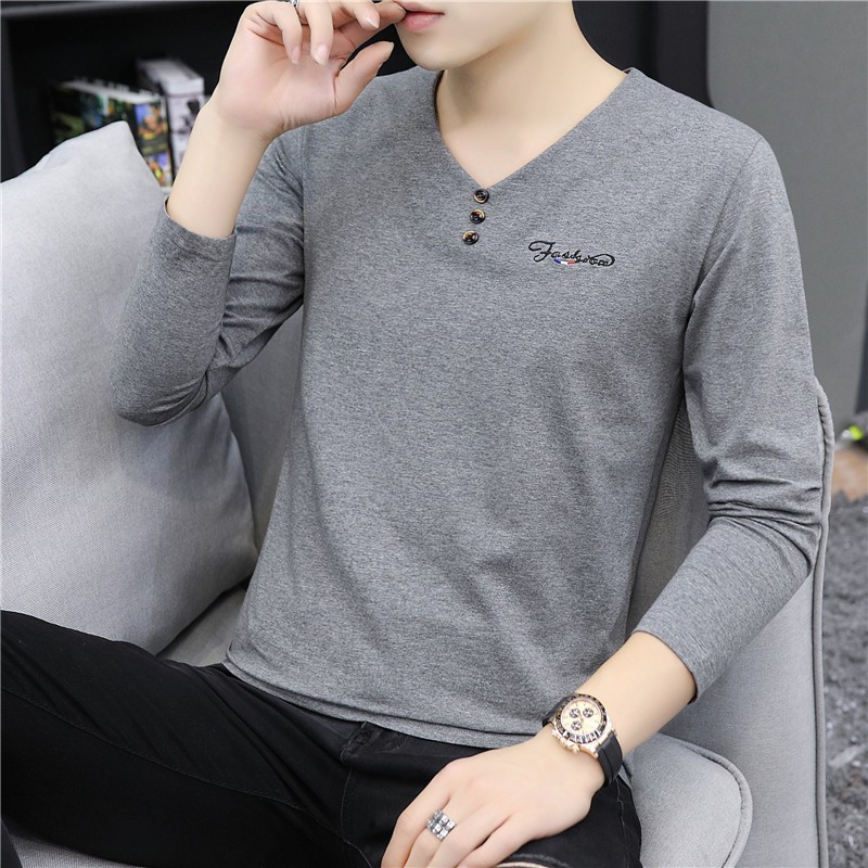 T-shirt mùa thu bông bên ngoài mặc lót mùa thu quần áo đáy dài tay trái tim gà cổ sửa chữa Body áo thun nam 100 nam giới