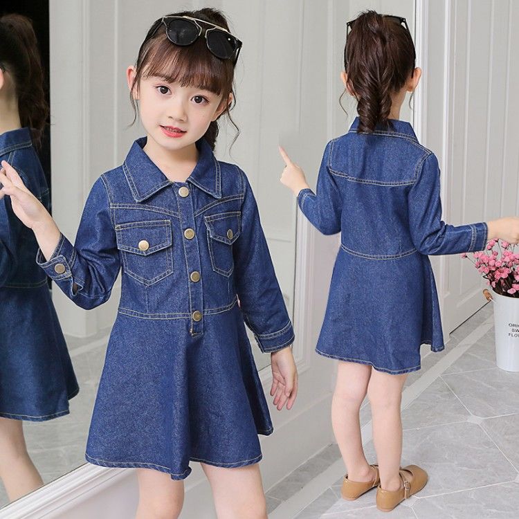 Cô gái mùa thu denim váy 2020 cô gái mới mô hình mùa xuân lớn con dài tay denim váy triều 3-15 tuổi