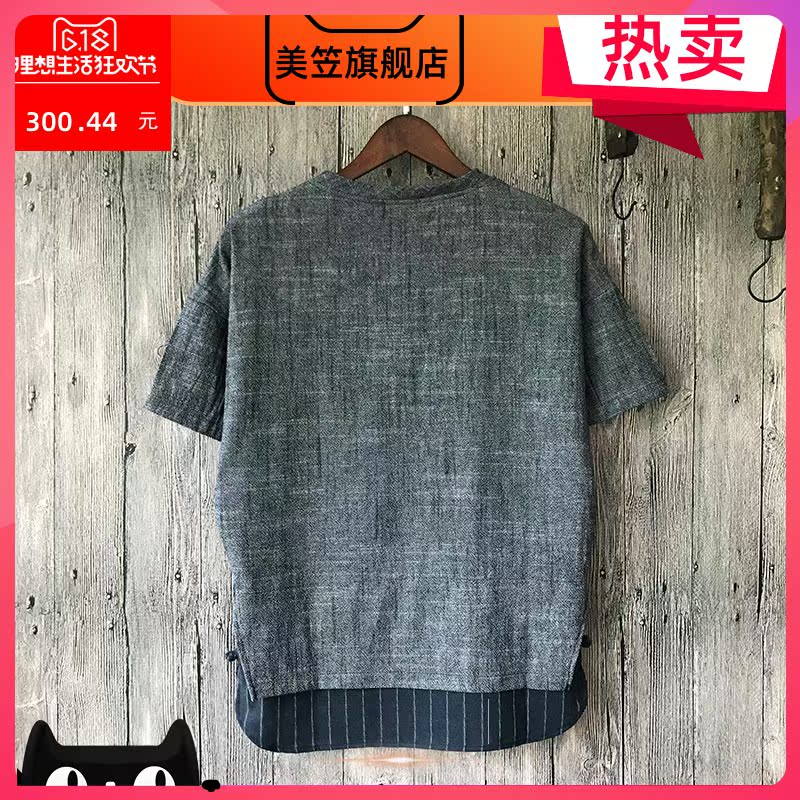 Trung Quốc gió mùa hè đầu nam giới thường triều nửa tay áo loose-fitting tròn lanh cổ áo ngắn tay áo thun khâu giả hai mảnh áo thun