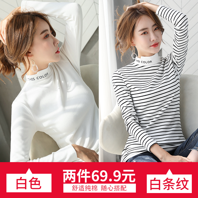 Half-cao có cổ đáy xuống 2020 mùa xuân váy cơ thể mới không khí trắng dài tay lá thư t-shirt của phụ nữ trong top thủy triều