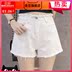 (Giật) Mùa hè trắng quần short denim phụ nữ eo cao khóa lỏng lẻo lỗ viền chân rộng đàn hồi ity mỏng L. 