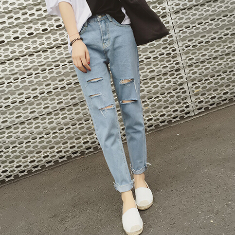 2018 mùa hè mới của Hàn Quốc Academy bản Gió lao Lỗ Loose Hiện Thin Chín quần quần Harlan quần Jeans nữ Tide