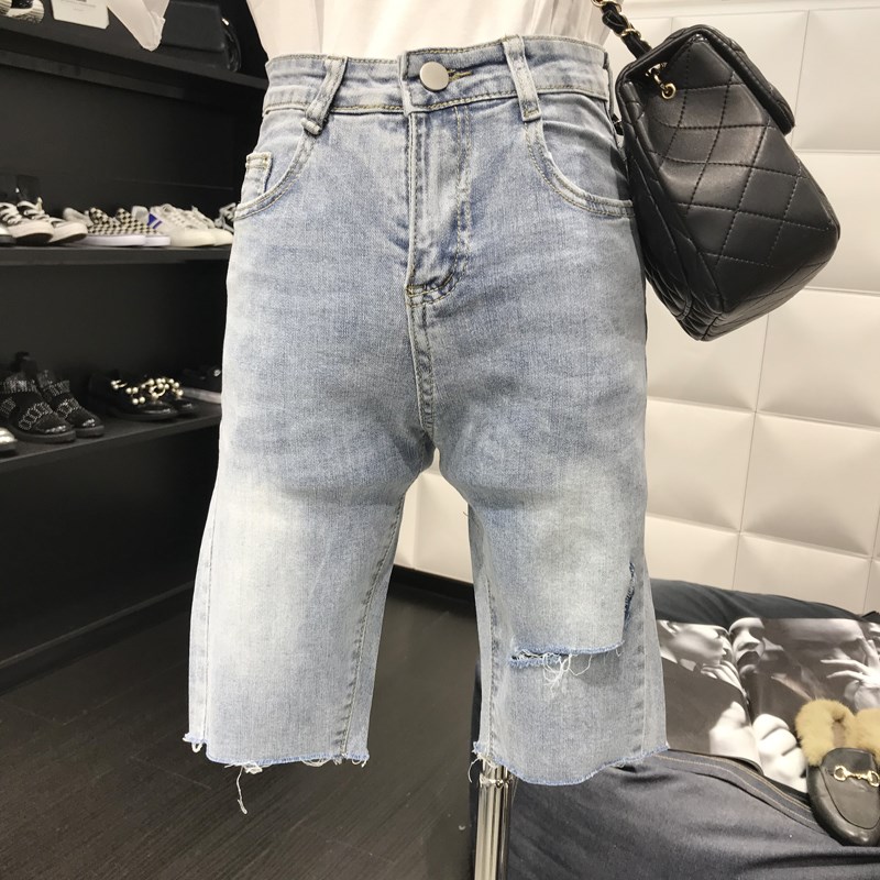 Ánh sáng quần short denim thẳng của phụ nữ năm 2020 mùa hè cắt cut-out giữa quần hiển thị mỏng lỗ thời trang quần năm điểm