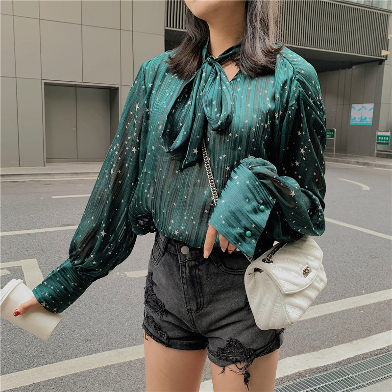 Tiên 2020 tay áo lồng đèn cô gái mới tie với một áo sơ mi mùa xuân rất trên voan sao-studded loose-fitting