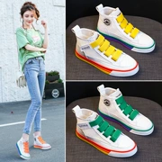 Giày trắng nữ nhỏ 2019 hè và thu cao để giúp giày sneaker lưới thoáng khí Giày hip hop nữ lưới đỏ cầu vồng 鸳鸯 giày thủy triều - Giày cao gót