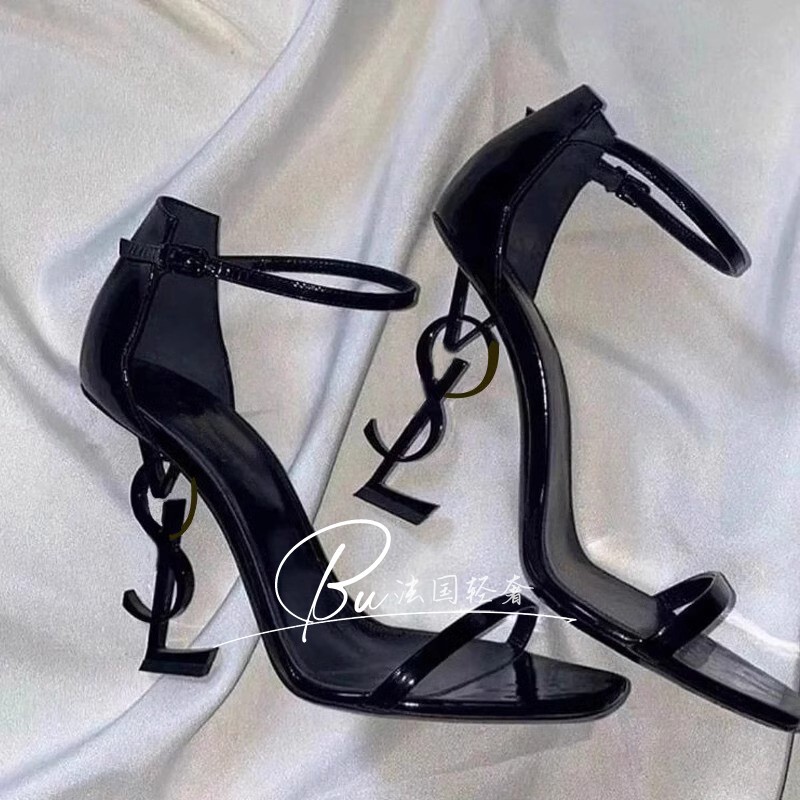 Luxury Haute Couture! Women's Summer Trendy Black Sexy Lettered Patent Leather Open-Toe Stiletto High Heels