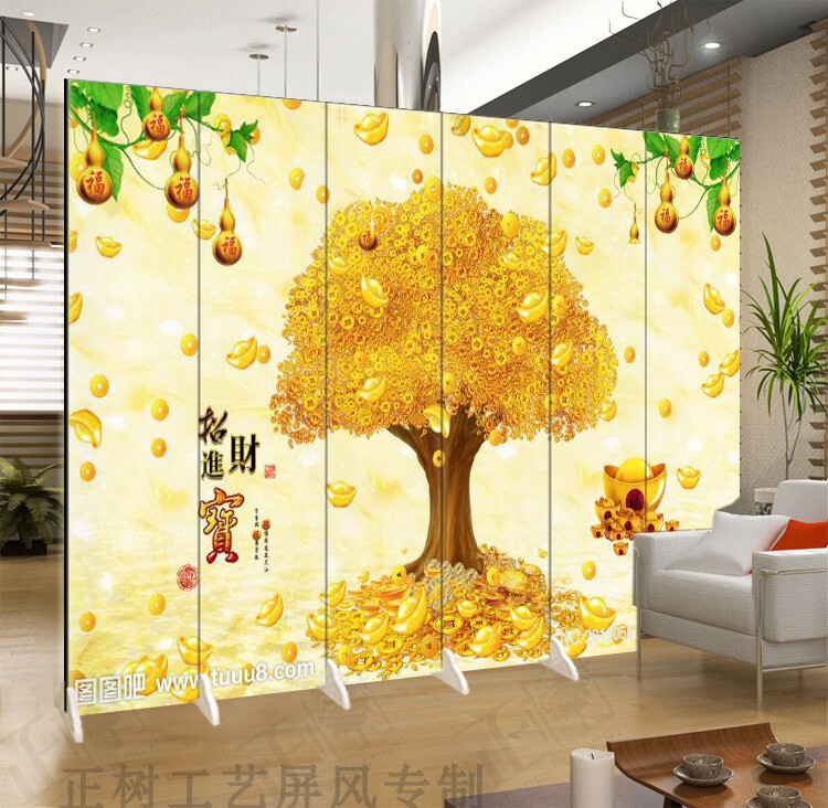 Money Tree Folding Screen Partition for Living Room, Fortune Tree, Feng Shui Home Decoration for Entryway