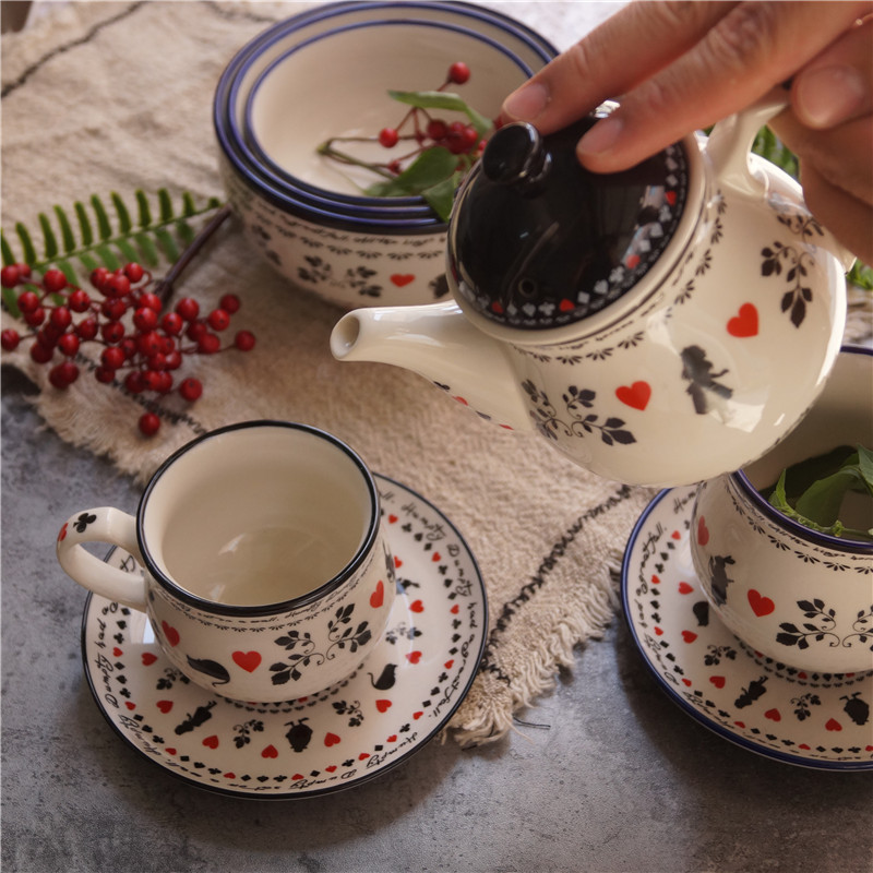 Scandinavian Polish Classic Pattern, Fairy Tale Style Alice in Wonderland Heart Tableware, Coffee Cup, Noodle Bowl, Teapot