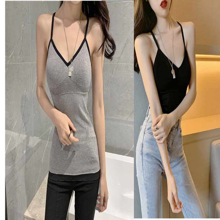 Mang đệm ngực của riêng bạn sling áo vest sexy không tay cổ chữ V Lingling đầu T-shirt mặc bên ngoài vào mùa hè tay nhanh với mô hình tương tự.